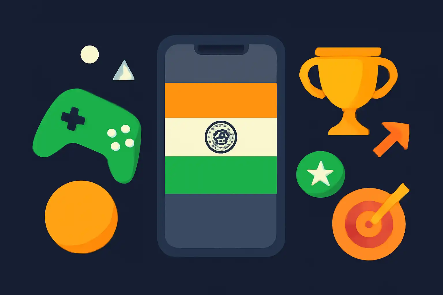 Hero illustration: Tiranga Game, modern flat design, dark background, brand-neutral, icons and shapes only, no text