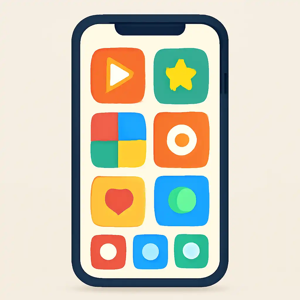 Smartphone shown from the front displaying a colourful flat layout of abstract game icons and rounded tiles (no text, no letters, no labels), Tiranga Game