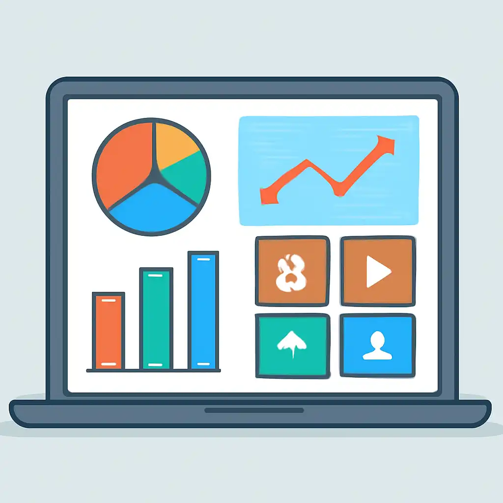 Laptop shown from the front displaying a colourful flat dashboard of abstract charts, bars and icon tiles (no text, no letters, no labels), Tiranga Game