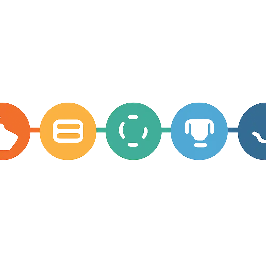 Five numbered circular icons connected by arrows in a horizontal flow, flat illustration, icons only, no words, Tiranga Game steps