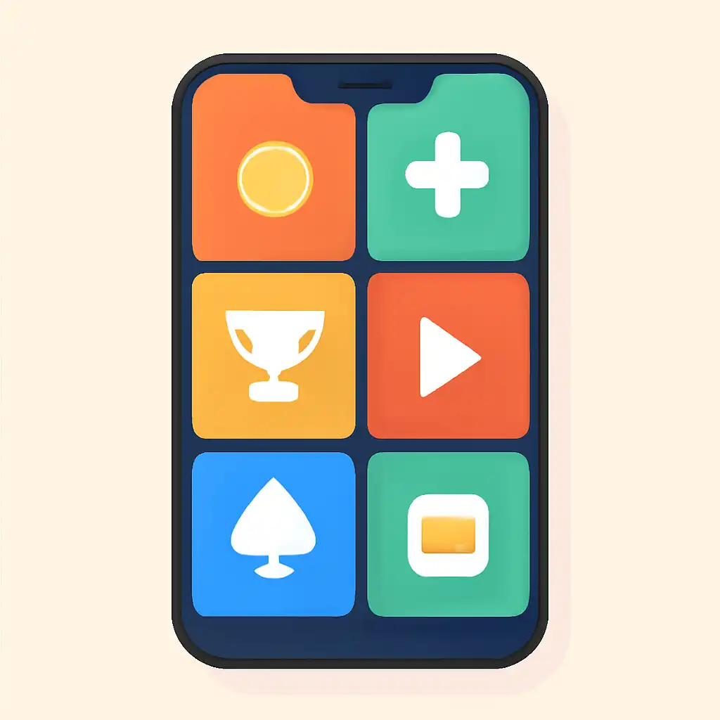 Smartphone shown from the front displaying a colourful flat layout of abstract game icons and rounded tiles, Deposits