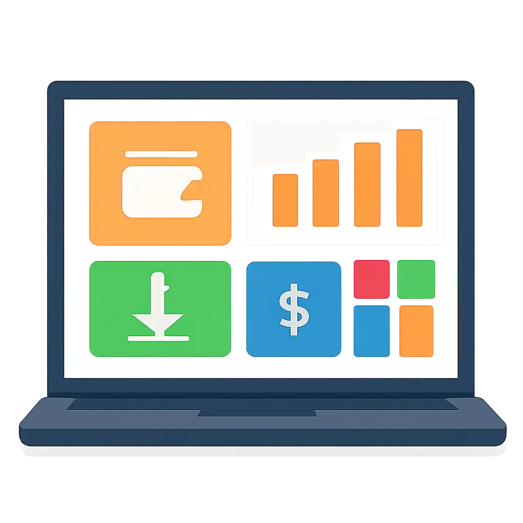 Laptop shown from the front displaying a colourful flat dashboard of abstract charts, bars and icon tiles, Deposits