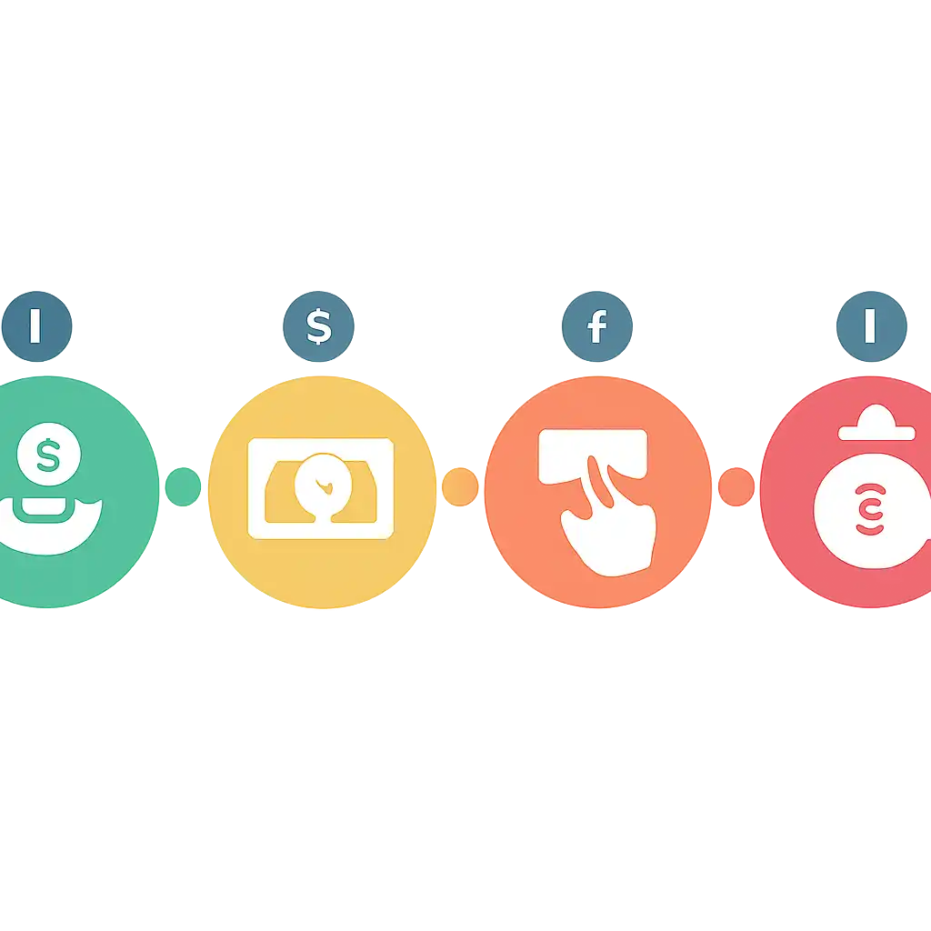 Five numbered circular icons connected by arrows in a horizontal flow, Deposits, Withdrawals and Payouts steps, Tiranga