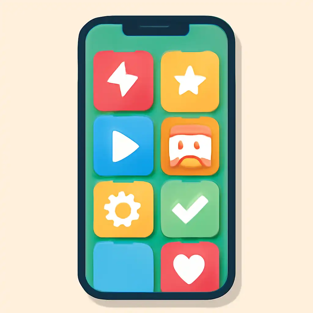 Smartphone shown from the front displaying a colourful flat layout of abstract game icons and rounded tiles, Common
