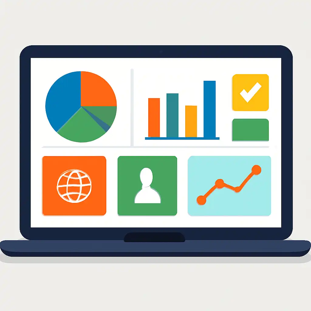 Laptop shown from the front displaying a colourful flat dashboard of abstract charts, bars and icon tiles, Getting Started