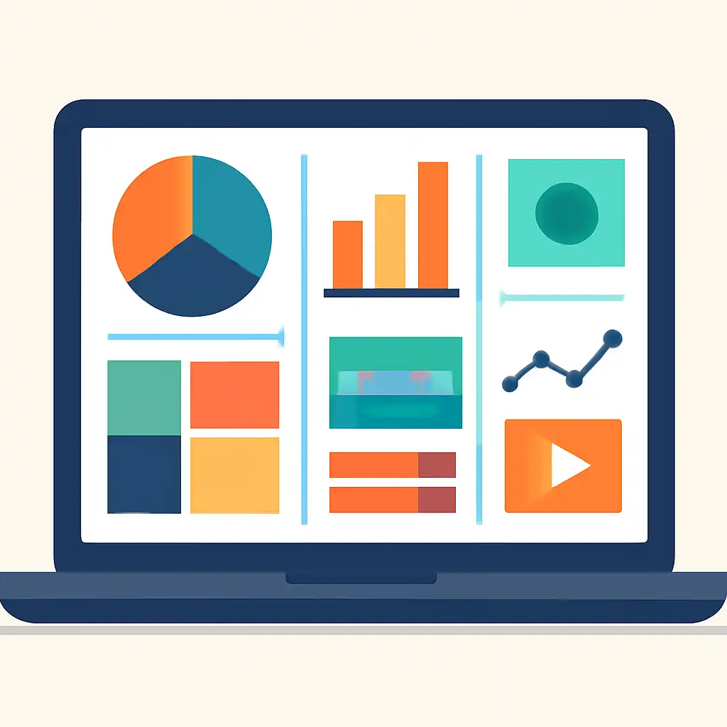 Laptop shown from the front displaying a colourful flat dashboard of abstract charts, bars and icon tiles, What tiranga Is