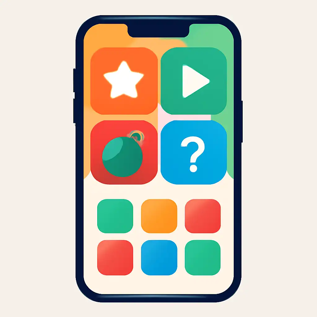 Smartphone shown from the front displaying a colourful flat layout of abstract game icons and rounded tiles, tiranga