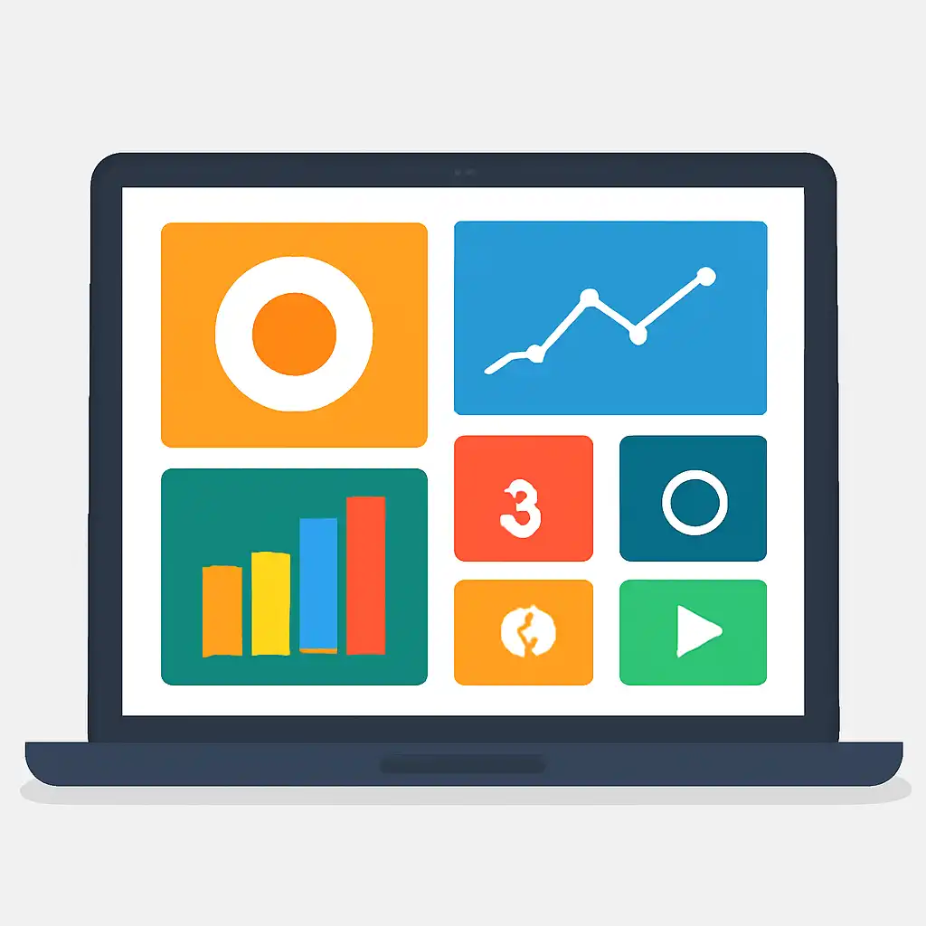 Laptop shown from the front displaying a colourful flat dashboard of abstract charts, bars and icon tiles, tiranga: Rules
