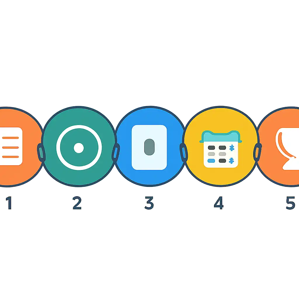 Five numbered circular icons connected by arrows in a horizontal flow, tiranga: Rules, Timings and Results steps