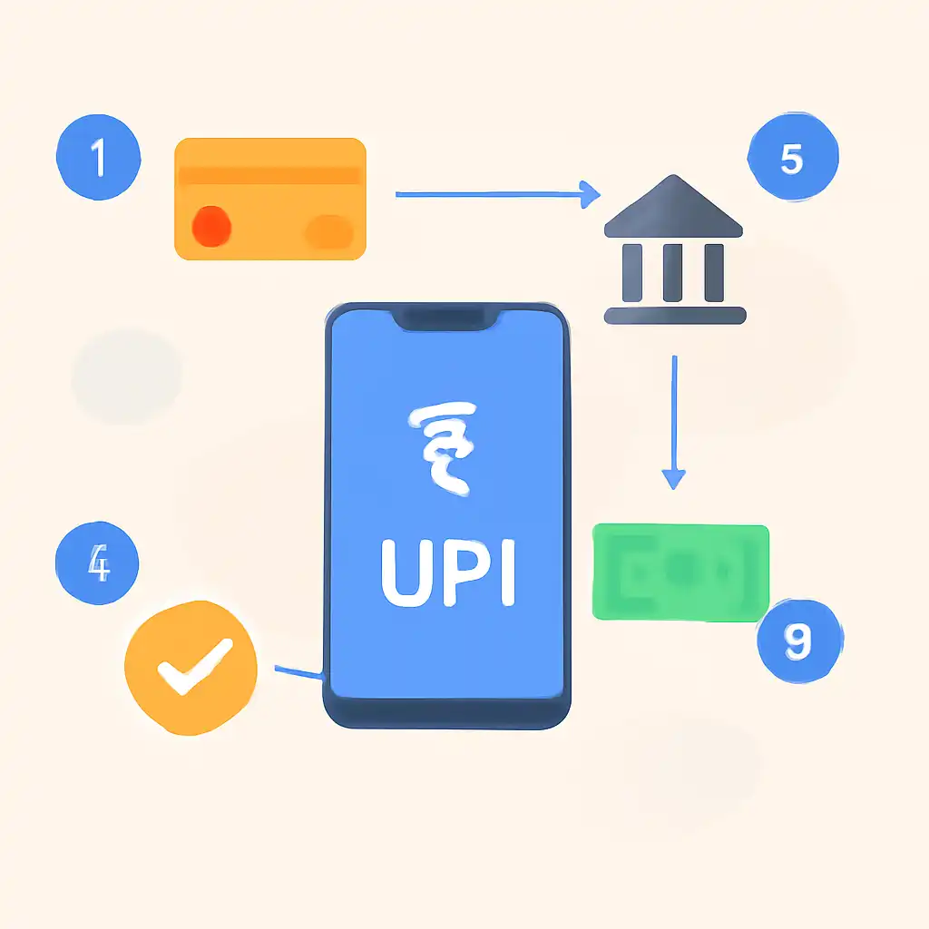 Annotated step diagram: upi deposits process with numbered callouts, Tiranga